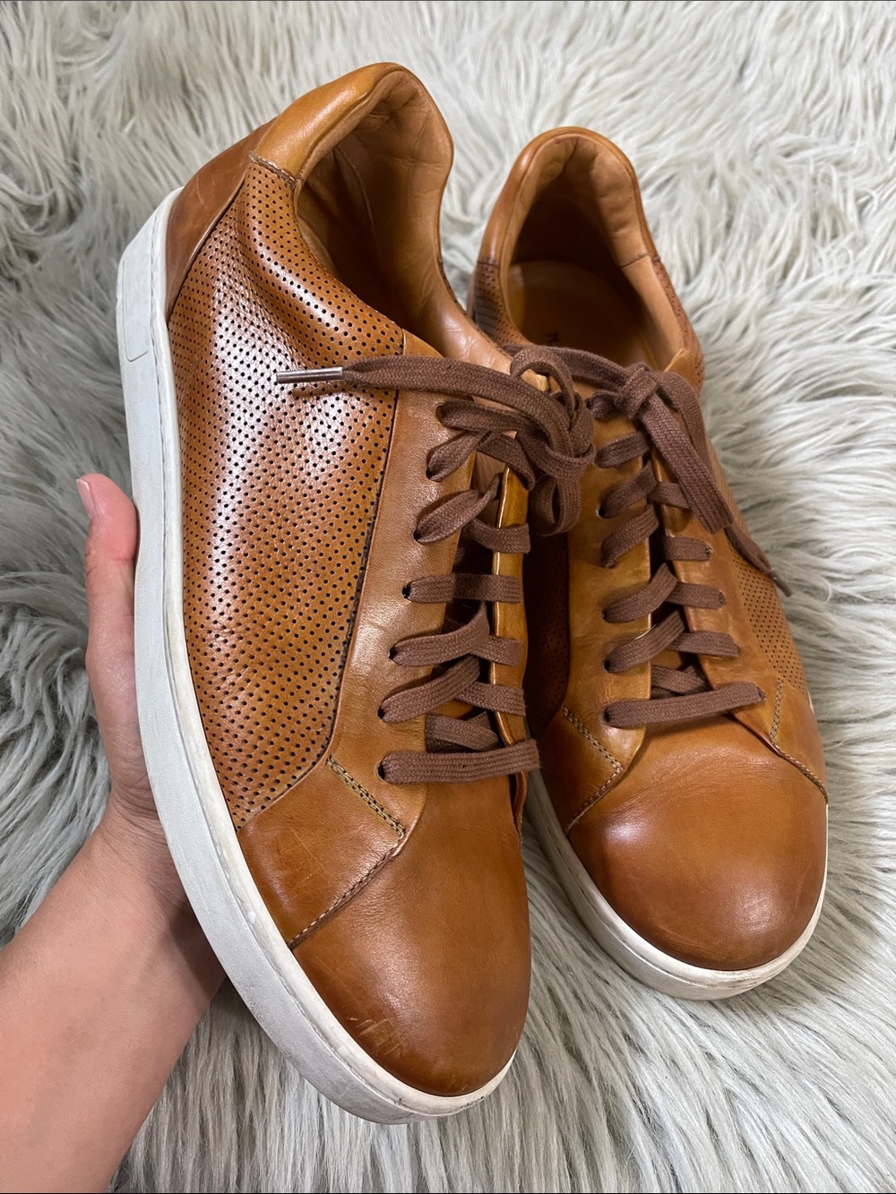 Magnanni Tan Leather Perforated Sneakers - Picture 2 of 7